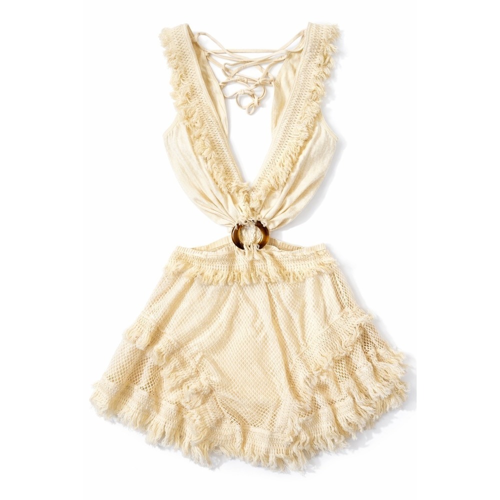 Rosevelvet Cream Crochet Fringe Cutout Mini Dress Lace Up Size L  NWT Festival